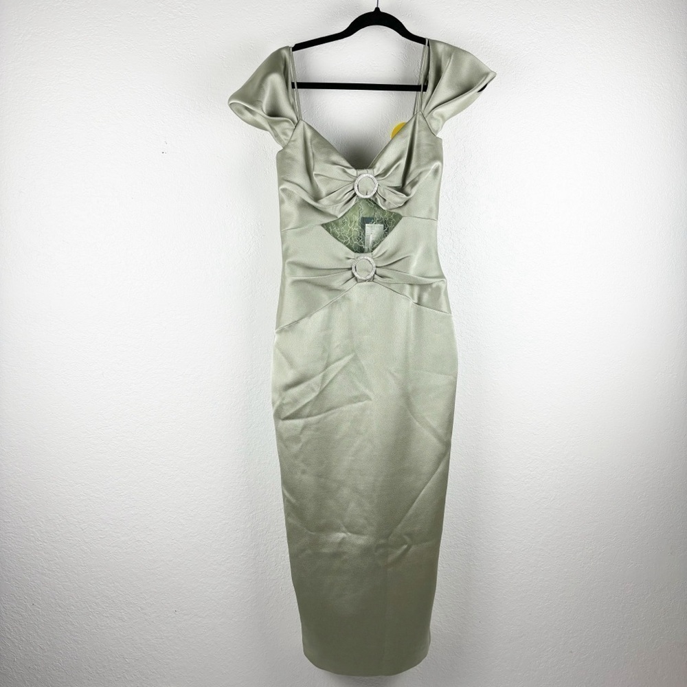 Rasario Cut Out Off The Shoulder Midi Dress Green Satin Cocktail Formal Evening — image 3 of 8